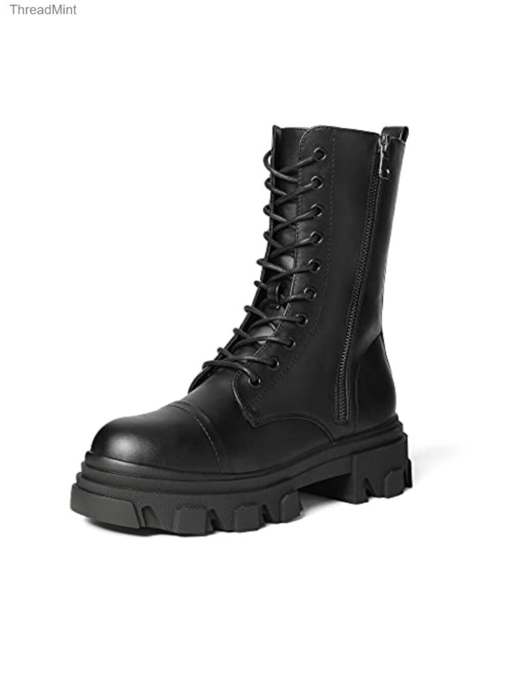 DREAM PAIRS Women's Lace Up Combat Boots, Faux Leather, Mid Calf Boots